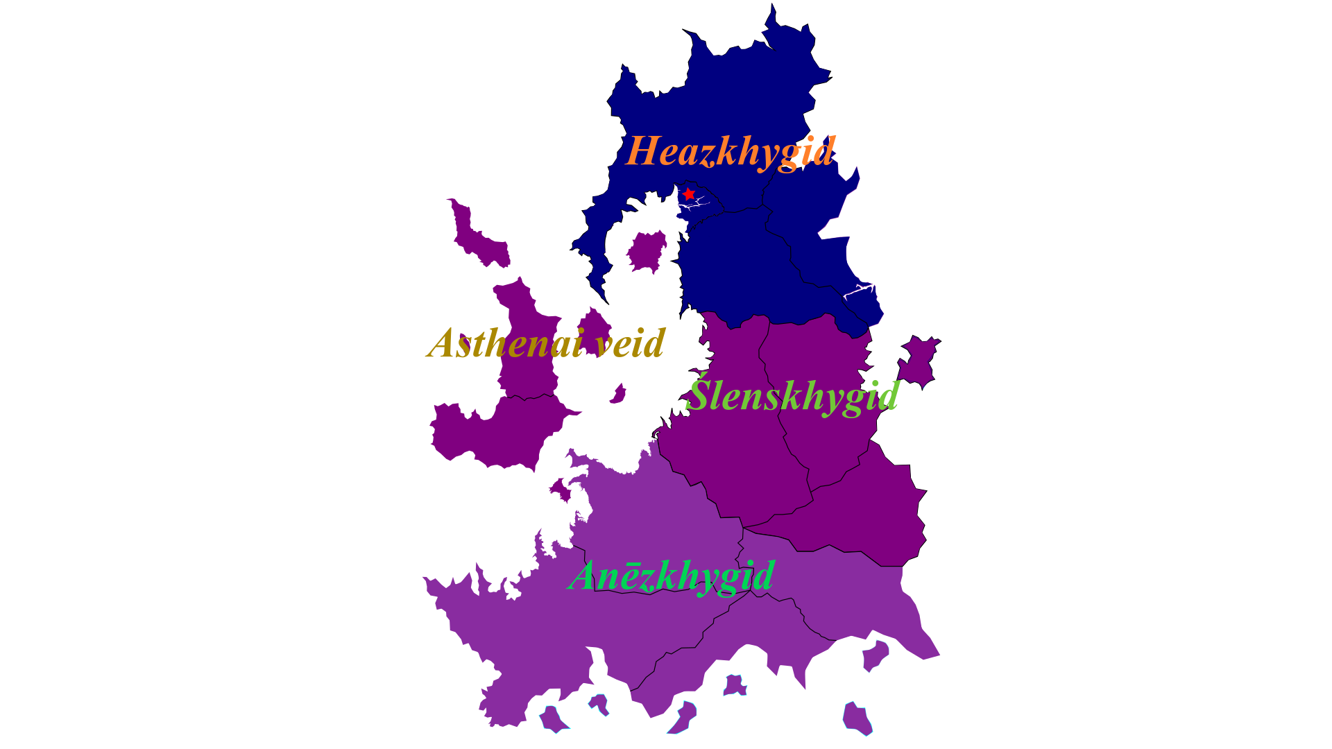 북부 Heazkhygid, 중앙 Ślenskhygid, 남부 Anēzkhygid와 서부 Asthenai veid가 표시된 퀴깃 지도